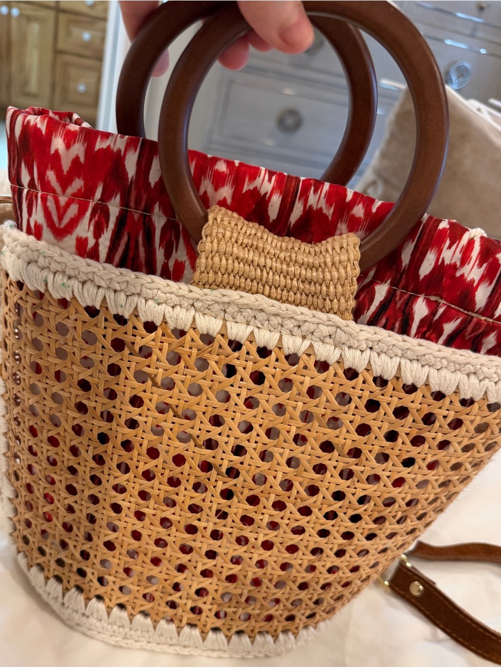 Vintage Cane Circle-Handle Tote with Red Liner